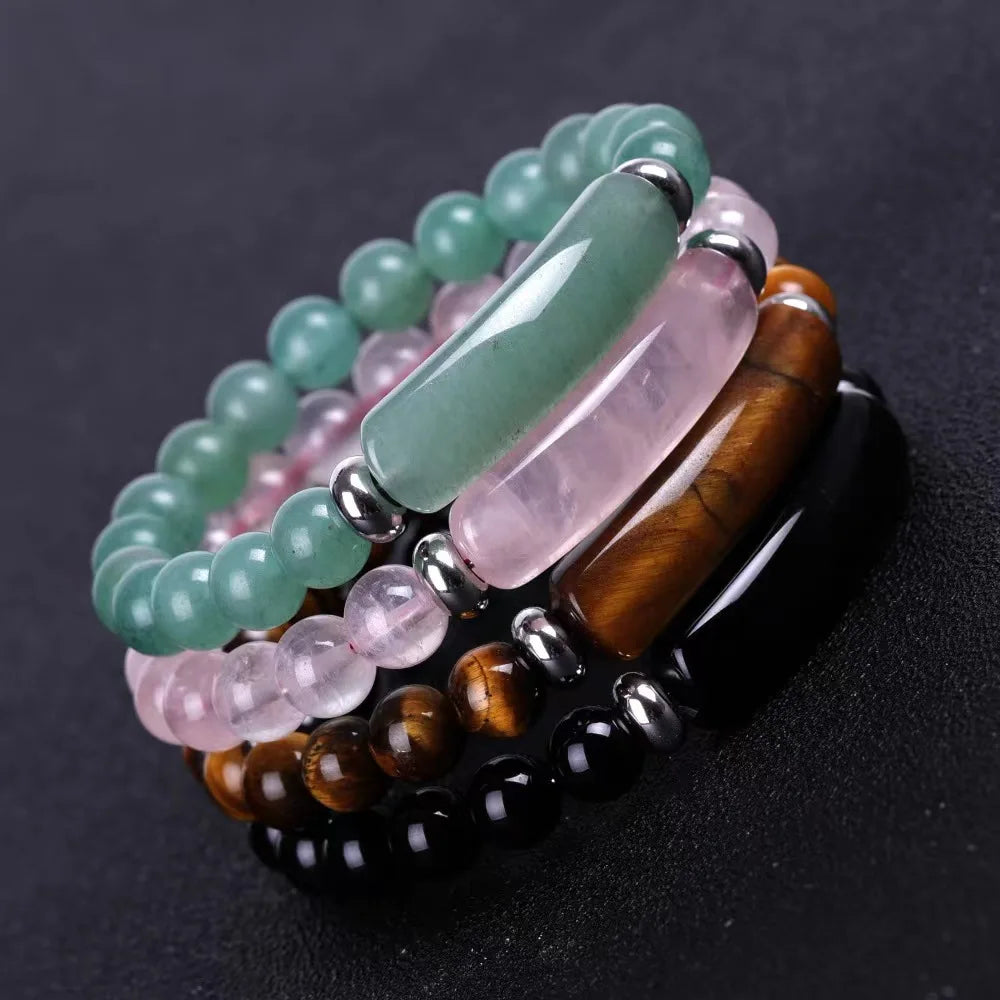 Obsidian, tiger eye, pink quartz and jade bracelets